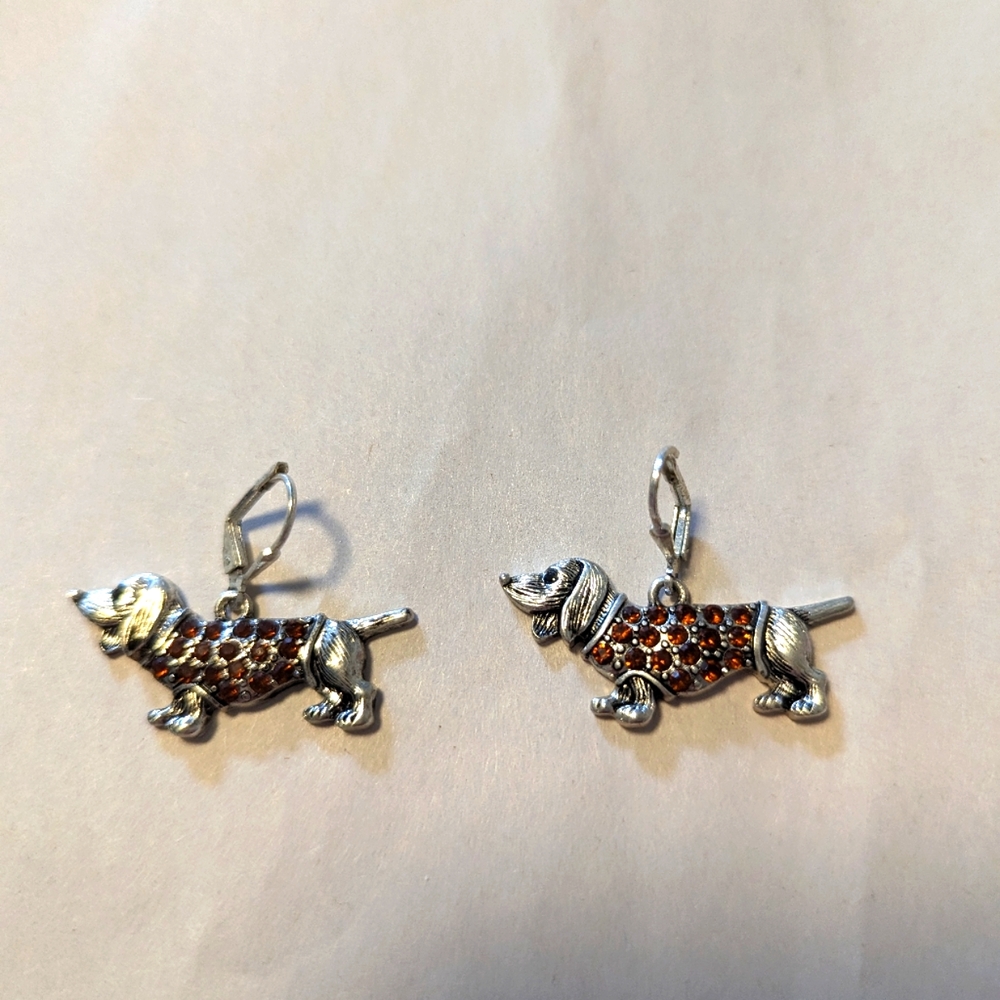 Vintage Dachshund Earrings with Amber Rhinestones - 1" wide